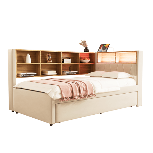 Sofá-cama 90x200 - Cama extraível 90x190, com luzes LED, tomadas e compartimentos, Polsterbett multifuncional, cama individual, Flanela - Bege