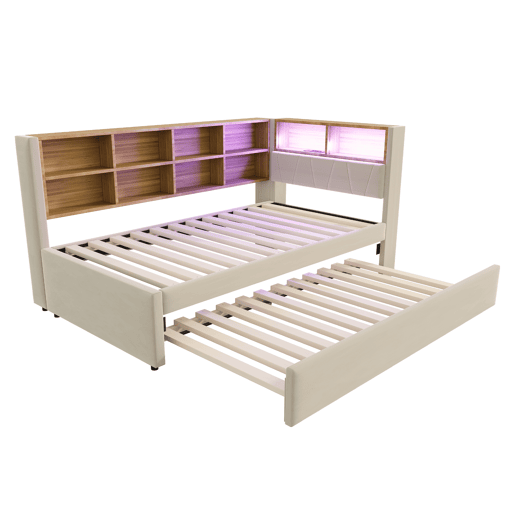 Sofá-cama 90x200 - Cama extraível 90x190, com luzes LED, tomadas e compartimentos, Polsterbett multifuncional, cama individual, Flanela - Bege