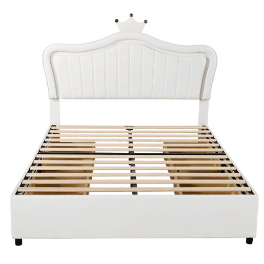 Cama infantil 140x200 cm - Cama individual com design de coroa para meninas, PU, com arrumação, luzes LED, estrado e encosto - Branco