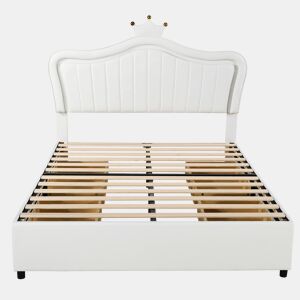 Cama infantil 140x200 cm - Cama individual com design de coroa para meninas, PU, com arrumação, luzes LED, estrado e encosto - Branco