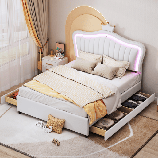 Cama infantil 140x200 cm - Cama individual com design de coroa para meninas, PU, com arrumação, luzes LED, estrado e encosto - Branco