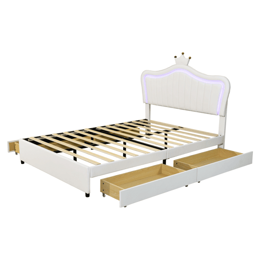 Cama infantil 140x200 cm - Cama individual com design de coroa para meninas, PU, com arrumação, luzes LED, estrado e encosto - Branco