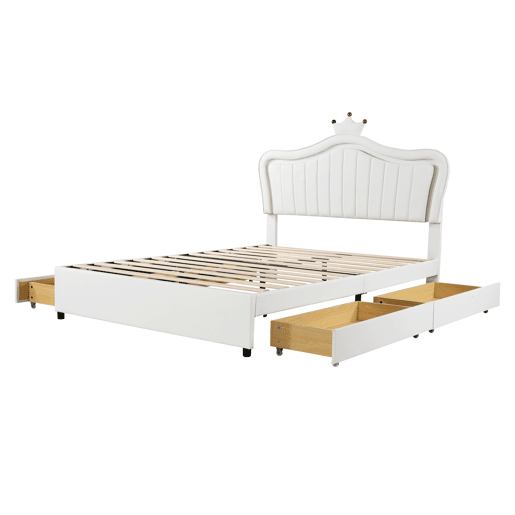 Cama infantil 140x200 cm - Cama individual com design de coroa para meninas, PU, com arrumação, luzes LED, estrado e encosto - Branco