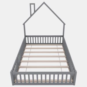 Cama infantil 140x190 cm - em forma de chaminé, com estrado (sem colchão), estilo minimalista - Cinza