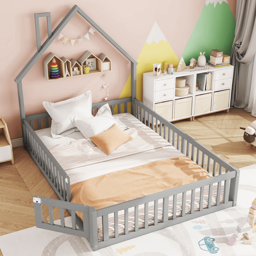 Cama infantil 140x190 cm - em forma de chaminé, com estrado (sem colchão), estilo minimalista - Cinza
