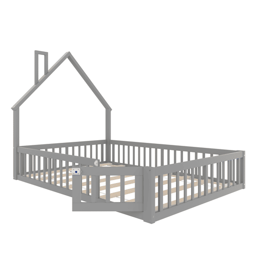 Cama infantil 140x190 cm - em forma de chaminé, com estrado (sem colchão), estilo minimalista - Cinza