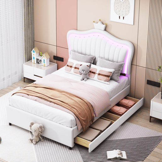 Cama infantil 90x200 cm - Cama individual de princesa branca em PU com arrumação, luzes LED, estrado e encosto