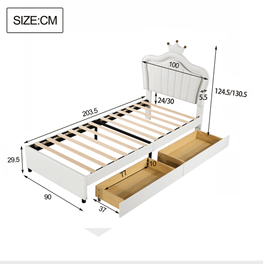 Cama infantil 90x200 cm - Cama individual de princesa branca em PU com arrumação, luzes LED, estrado e encosto
