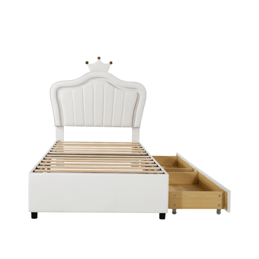 Cama infantil 90x200 cm - Cama individual de princesa branca em PU com arrumação, luzes LED, estrado e encosto