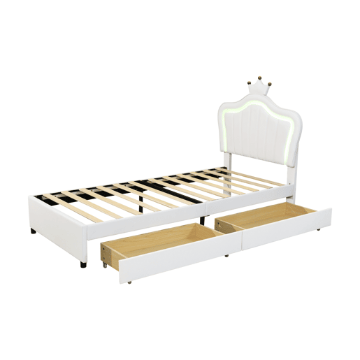 Cama infantil 90x200 cm - Cama individual de princesa branca em PU com arrumação, luzes LED, estrado e encosto