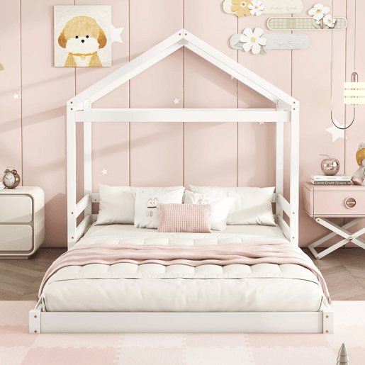 Cama infantil, 140 x 200 cm - Cama em forma de casa com estrado (sem colchão), estilo minimalista - Branco