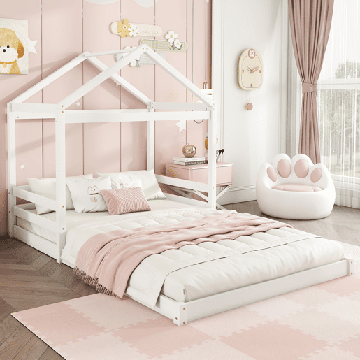 Cama infantil, 140 x 200 cm - Cama em forma de casa com estrado (sem colchão), estilo minimalista - Branco