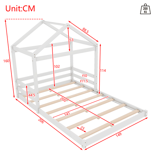 Cama infantil, 140 x 200 cm - Cama em forma de casa com estrado (sem colchão), estilo minimalista - Branco