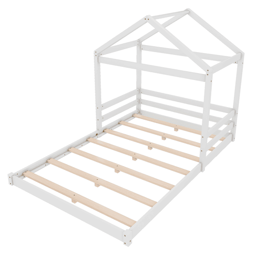 Cama infantil, 140 x 200 cm - Cama em forma de casa com estrado (sem colchão), estilo minimalista - Branco