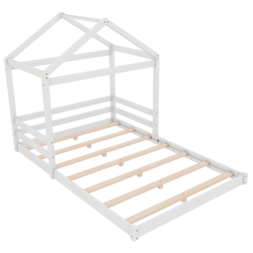 Cama infantil, 140 x 200 cm - Cama em forma de casa com estrado (sem colchão), estilo minimalista - Branco
