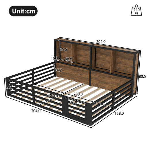 Cama plataforma 140x200cm - Com arrumação, com estrado, sem colchão, com grade - Preto