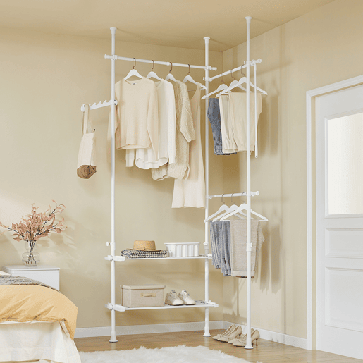 SoBuy Cabide Telescópico Resistente - Roupeiro Aberto Ajustável com Varões e Prateleiras, Cabide para Quarto, Branco, FRG34-II-W