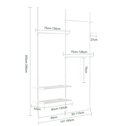 SoBuy Cabide Telescópico Resistente - Roupeiro Aberto Ajustável com Varões e Prateleiras, Cabide para Quarto, Branco, FRG34-II-W