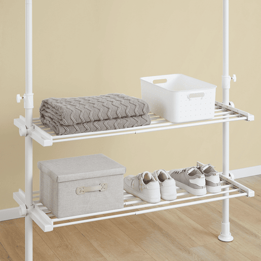 SoBuy Cabide Telescópico Resistente - Roupeiro Aberto Ajustável com Varões e Prateleiras, Cabide para Quarto, Branco, FRG34-II-W