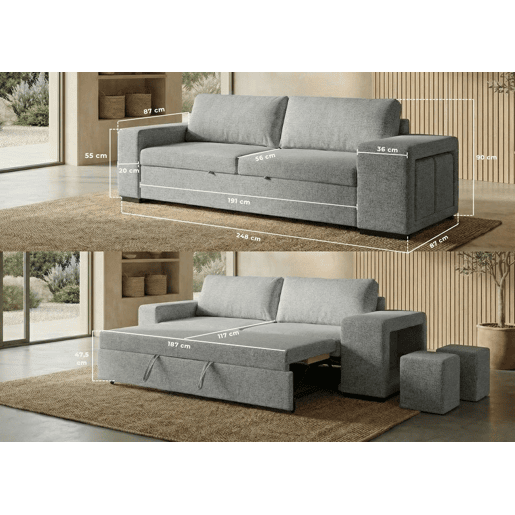 Sofá-Cama BUDWING Avery Cinzento c 2 Pufes - 3 lugares - 248x117x90 cm
