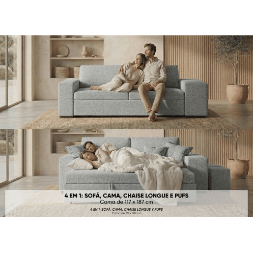 Sofá-Cama BUDWING Avery Cinzento c 2 Pufes - 3 lugares - 248x117x90 cm