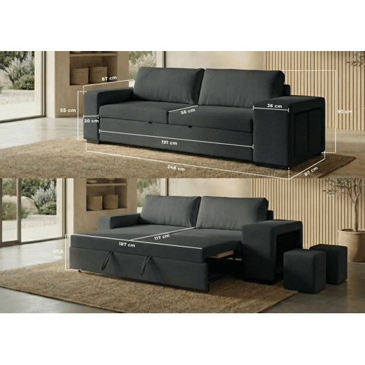 Sofá-Cama BUDWING Avery Preto c 2 Pufes - 3 lugares - 248x117x90 cm