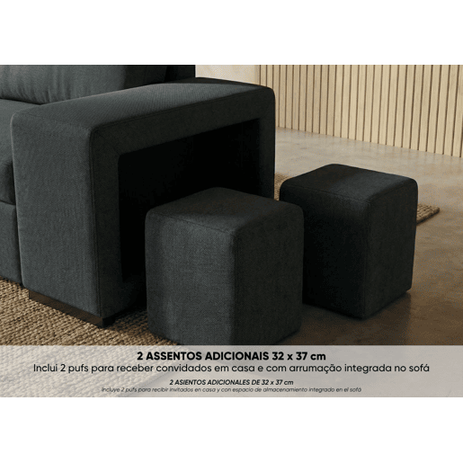 Sofá-Cama BUDWING Avery Preto c 2 Pufes - 3 lugares - 248x117x90 cm