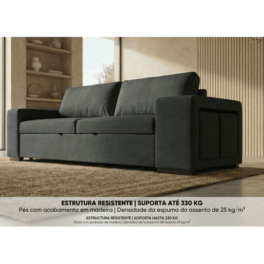 Sofá-Cama BUDWING Avery Preto c 2 Pufes - 3 lugares - 248x117x90 cm