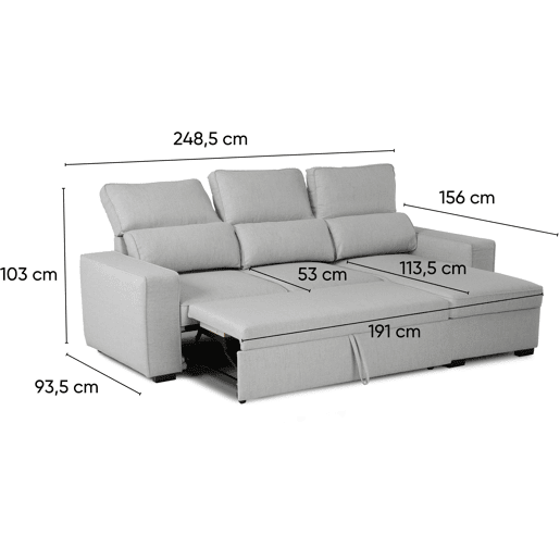 Sofá-Cama Chaise Longue BUDWING Harper Cinzento - 4 Lugares - 248,5x156x103 cm