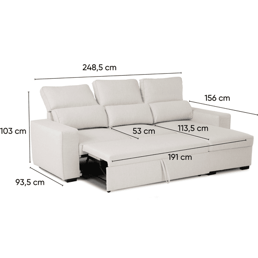 Sofá-Cama Chaise Longue BUDWING Harper Bege - 4 Lugares - 248,5x156x103 cm