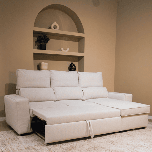 Sofá-Cama Chaise Longue BUDWING Harper Bege - 4 Lugares - 248,5x156x103 cm