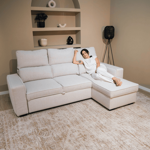 Sofá-Cama Chaise Longue BUDWING Harper Bege - 4 Lugares - 248,5x156x103 cm