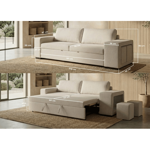 Sofá-Cama BUDWING Avery Bege c 2 Pufes - 3 lugares - 248x117x90 cm
