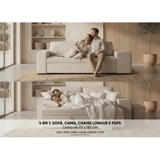 Sofá-Cama BUDWING Avery Bege c 2 Pufes - 3 lugares - 248x117x90 cm