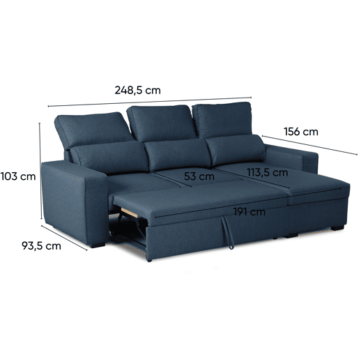 Sofá-Cama Chaise Longue BUDWING Harper Azul - 4 Lugares - 248,5x156x103 cm