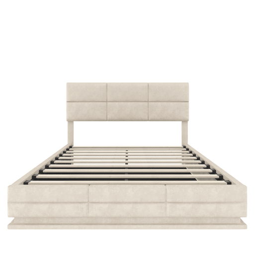 Cama estofada 140x200 cm - Cabeceira ajustável, portas USBType-C, iluminação LED, sistema hidráulico, grande capacidade de armazenamento - Bege
