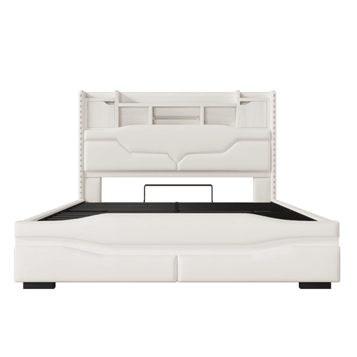 Cama Polsterbett 160x200cm - com função de carregamento USB, luz ambiente controlada por comando remoto, cabeceira com arrumação, cama hidráulica, sem colchão, com luzes LED - Cinza