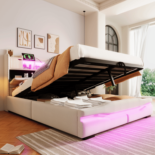 Cama Polsterbett 160x200cm - com função de carregamento USB, luz ambiente controlada por comando remoto, cabeceira com arrumação, cama hidráulica, sem colchão, com luzes LED - Cinza