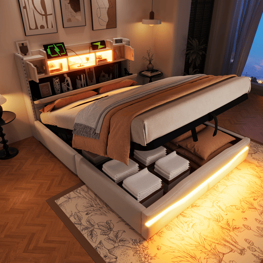 Cama Polsterbett 160x200cm - com função de carregamento USB, luz ambiente controlada por comando remoto, cabeceira com arrumação, cama hidráulica, sem colchão, com luzes LED - Cinza