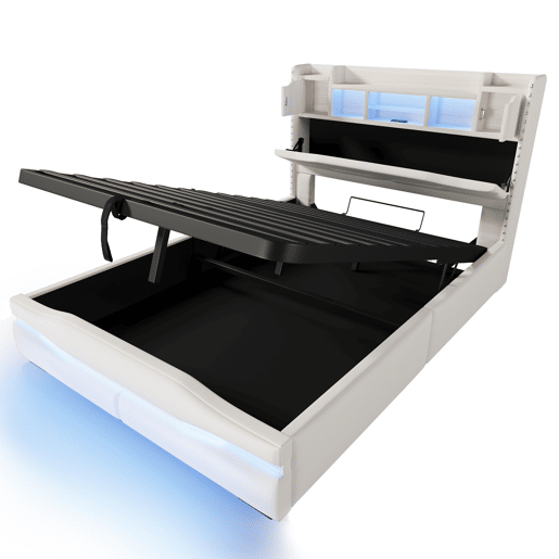 Cama Polsterbett 160x200cm - com função de carregamento USB, luz ambiente controlada por comando remoto, cabeceira com arrumação, cama hidráulica, sem colchão, com luzes LED - Cinza