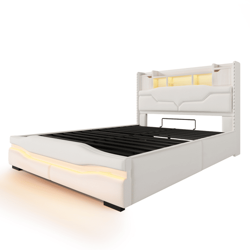 Cama Polsterbett 160x200cm - com função de carregamento USB, luz ambiente controlada por comando remoto, cabeceira com arrumação, cama hidráulica, sem colchão, com luzes LED - Cinza