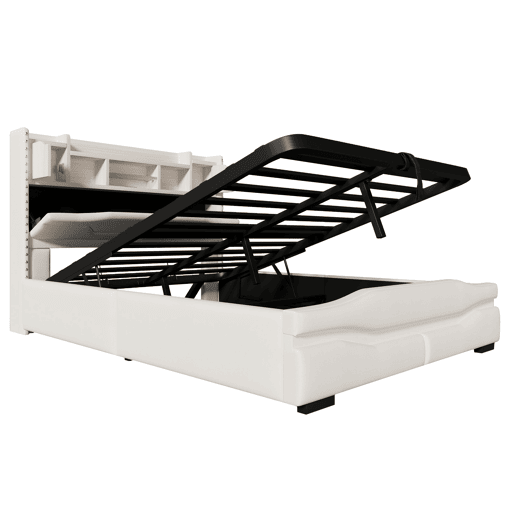 Cama Polsterbett 160x200cm - com função de carregamento USB, luz ambiente controlada por comando remoto, cabeceira com arrumação, cama hidráulica, sem colchão, com luzes LED - Cinza