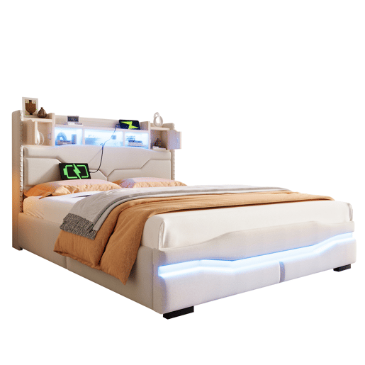 Cama Polsterbett 160x200cm - com função de carregamento USB, luz ambiente controlada por comando remoto, cabeceira com arrumação, cama hidráulica, sem colchão, com luzes LED - Cinza