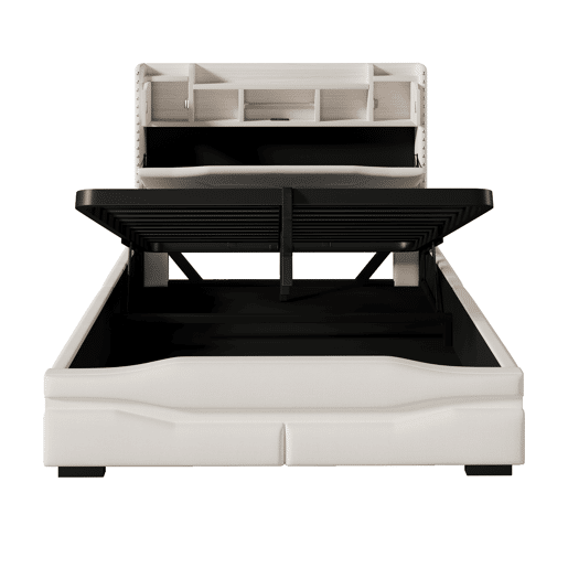 Cama Polsterbett 160x200cm - com função de carregamento USB, luz ambiente controlada por comando remoto, cabeceira com arrumação, cama hidráulica, sem colchão, com luzes LED - Cinza