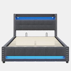 Cama estofada 160*200 - Com LED, USB, cabeceira com prateleiras e arrumação, hidráulica para arrumação - Cinza