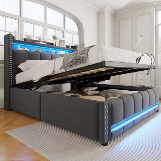 Cama estofada 160*200 - Com LED, USB, cabeceira com prateleiras e arrumação, hidráulica para arrumação - Cinza Cama estofada 160*200 - Com LED, USB, cabeceira com prateleiras e arrumação, hidráulica para arrumação - Cinza
