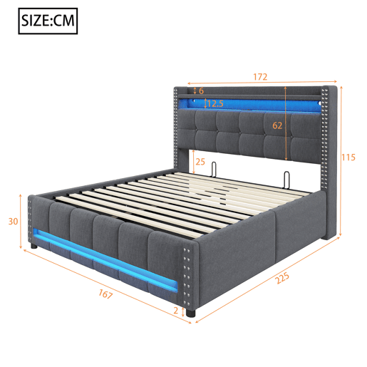Cama estofada 160*200 - Com LED, USB, cabeceira com prateleiras e arrumação, hidráulica para arrumação - Cinza Cama estofada 160*200 - Com LED, USB, cabeceira com prateleiras e arrumação, hidráulica para arrumação - Cinza