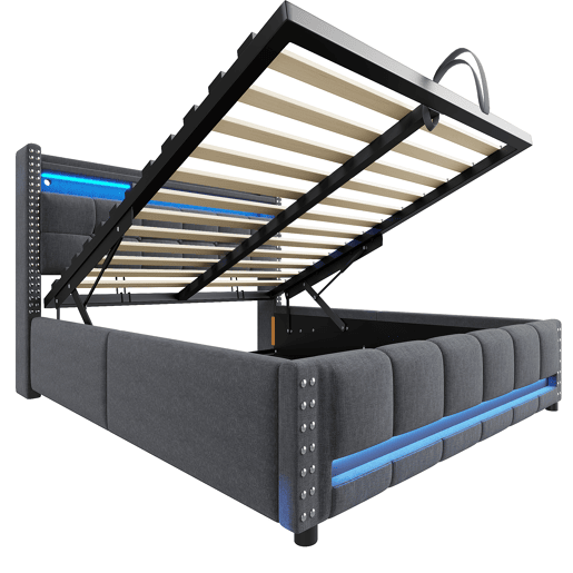 Cama estofada 160*200 - Com LED, USB, cabeceira com prateleiras e arrumação, hidráulica para arrumação - Cinza Cama estofada 160*200 - Com LED, USB, cabeceira com prateleiras e arrumação, hidráulica para arrumação - Cinza