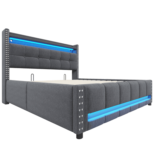 Cama estofada 160*200 - Com LED, USB, cabeceira com prateleiras e arrumação, hidráulica para arrumação - Cinza Cama estofada 160*200 - Com LED, USB, cabeceira com prateleiras e arrumação, hidráulica para arrumação - Cinza