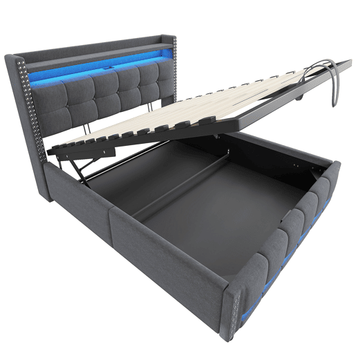 Cama estofada 160*200 - Com LED, USB, cabeceira com prateleiras e arrumação, hidráulica para arrumação - Cinza Cama estofada 160*200 - Com LED, USB, cabeceira com prateleiras e arrumação, hidráulica para arrumação - Cinza